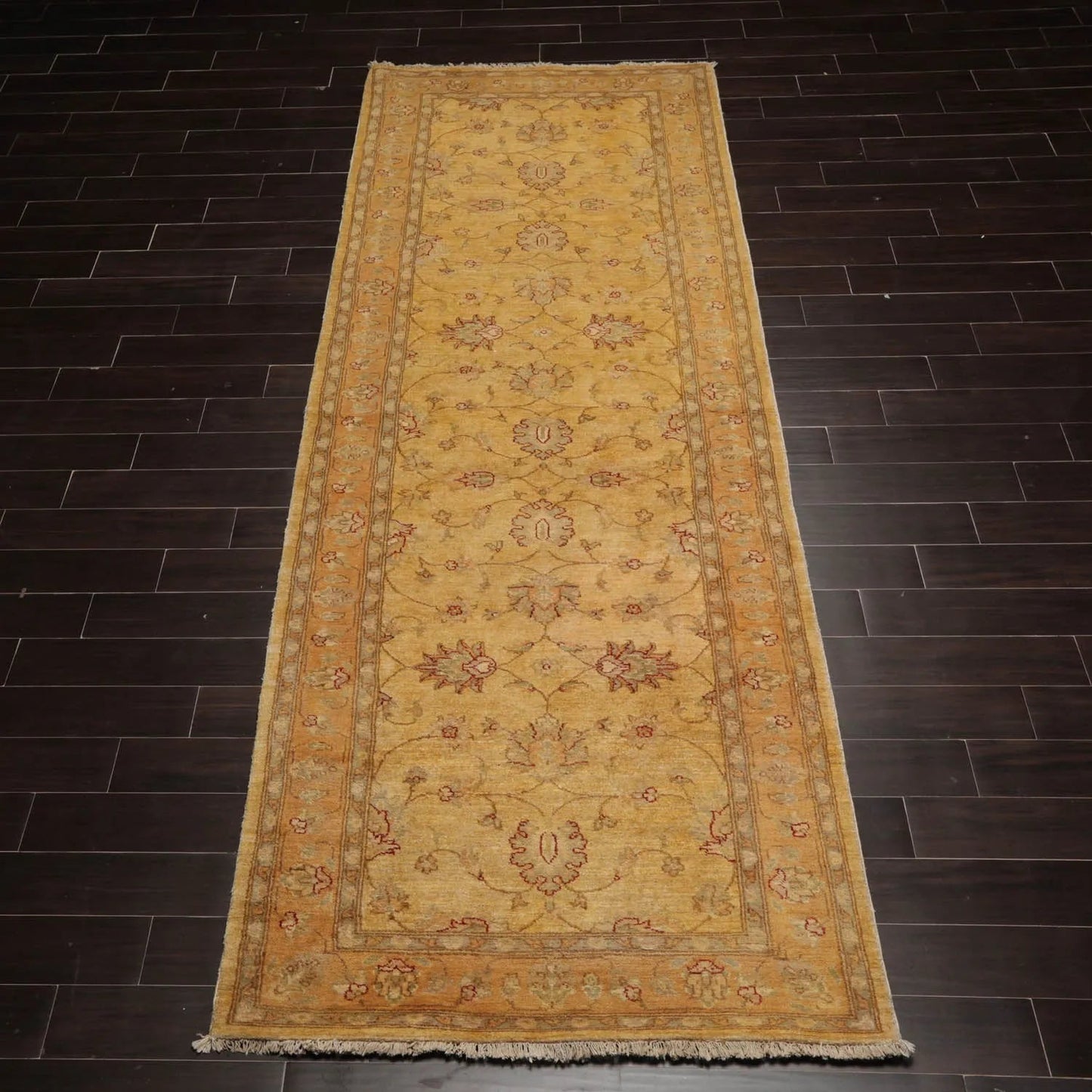 4'7''x12'5'' Runner Beige, Gold Hand Knotted Persian 100% Wool Chobi Peshawar Traditional  Oriental Area Rug-2