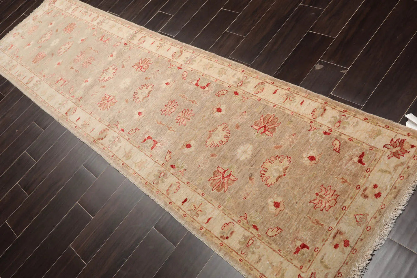 2'8''x9'9'' Runner Taupe, Beige Hand Knotted 100% Wool Chobi Peshawar Traditional Oriental Area Rug-3