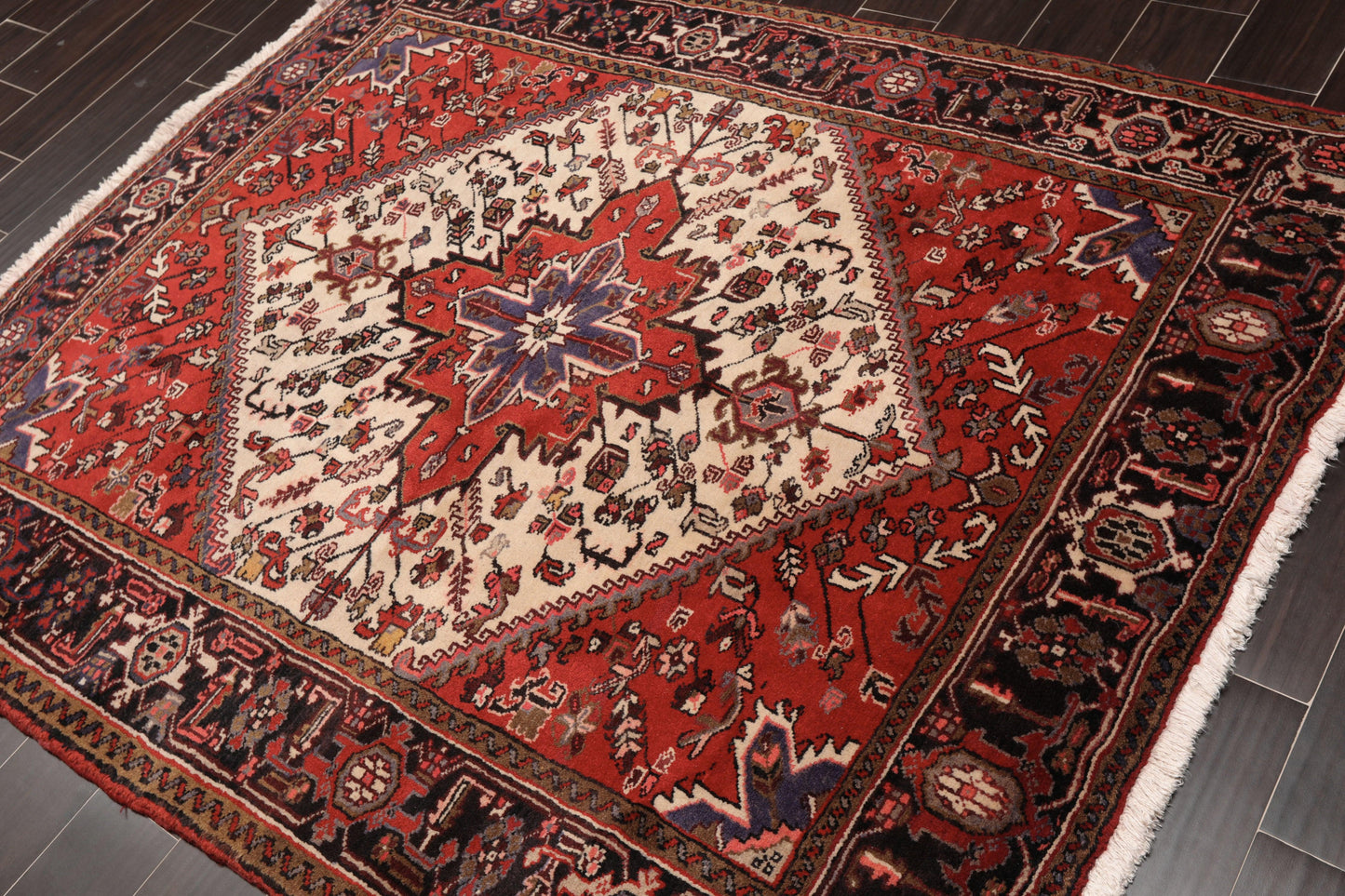 5'3" x 6'4" Hand Knotted Wool Herizz Vegetable dyes Oriental Area Rug Ivory-2