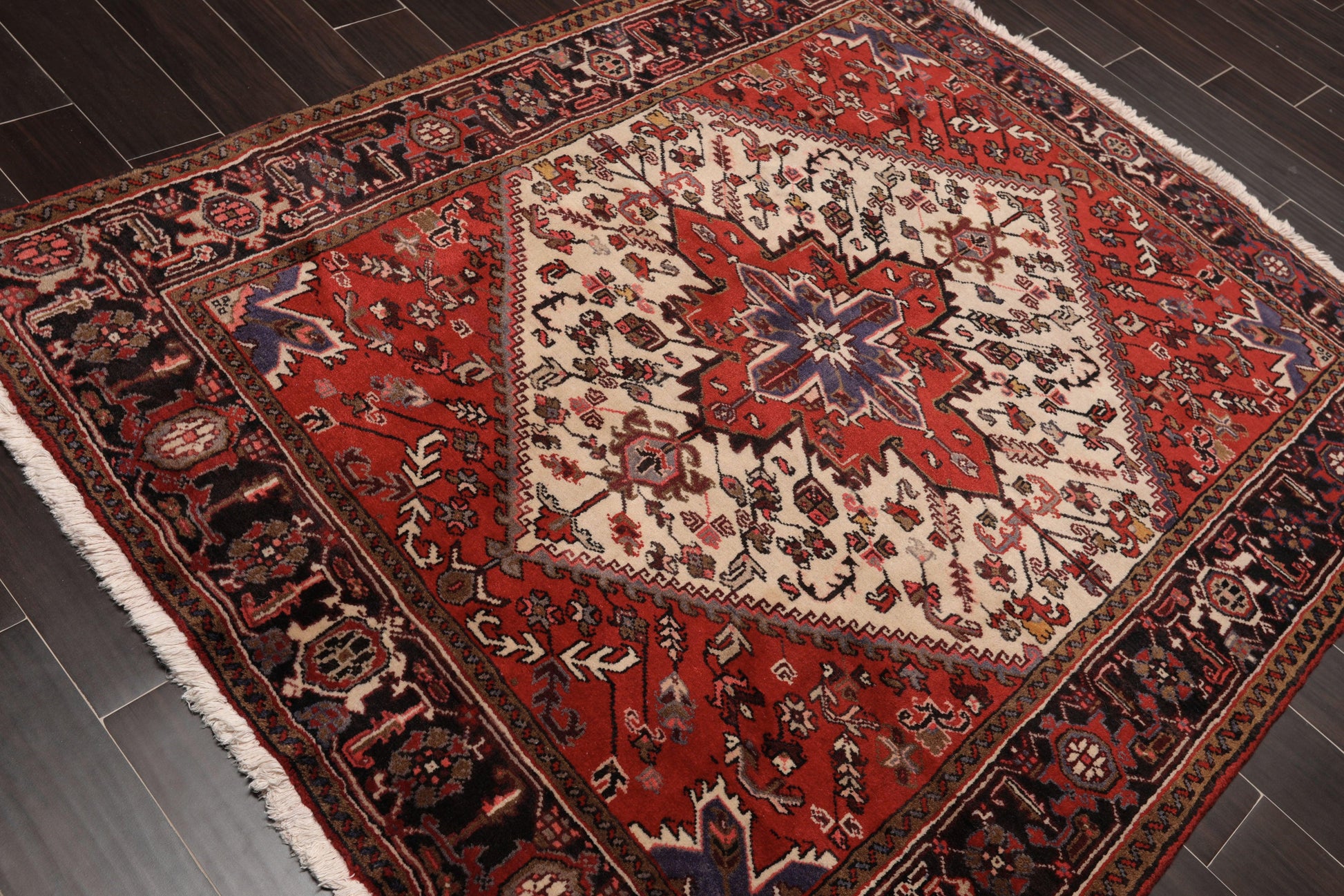 5'3" x 6'4" Hand Knotted Wool Herizz Vegetable dyes Oriental Area Rug Ivory-3
