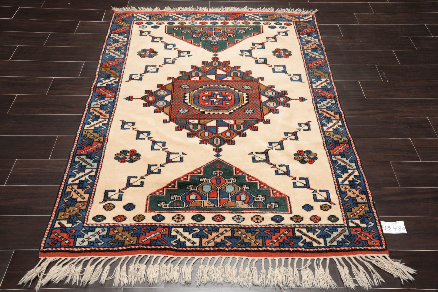 4'7" x 6' Hand Knotted Wool on Wool Tribal Afghan Kazak Veg Dyes Area Rug Ivory-1