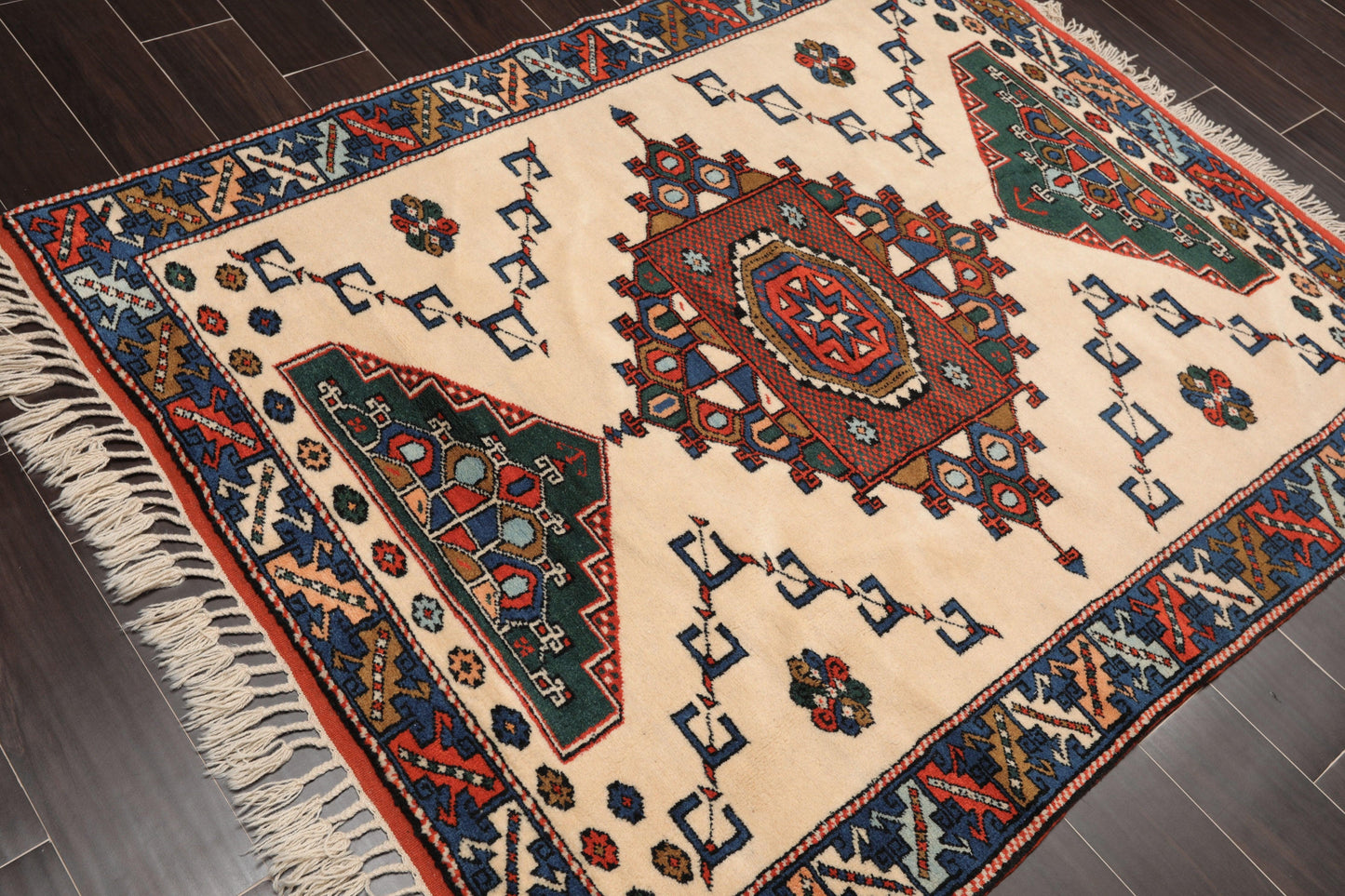 4'7" x 6' Hand Knotted Wool on Wool Tribal Afghan Kazak Veg Dyes Area Rug Ivory-3