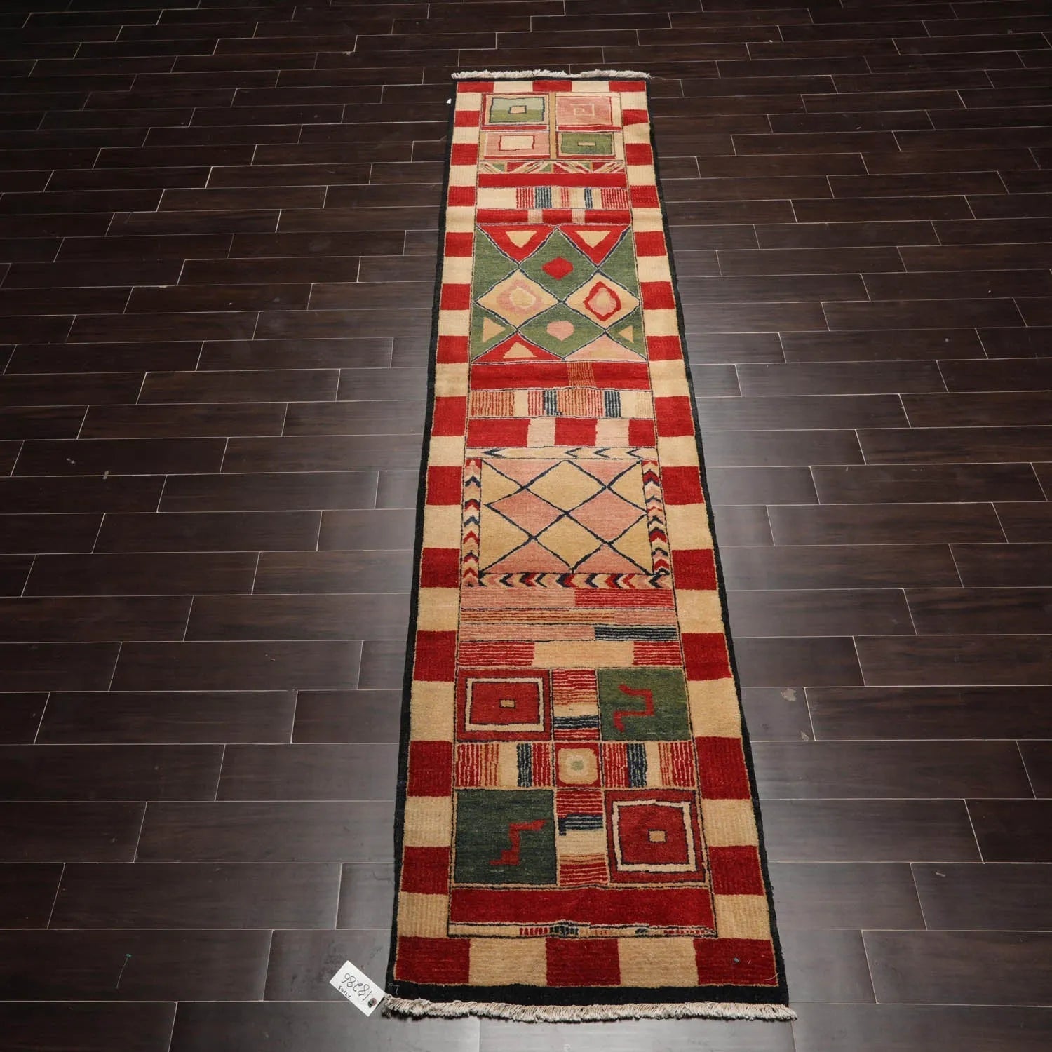 2'7''x12'3'' Runner Red, Green Hand Knotted Tibetan 100% Wool Michaelian & Kohlberg Modern & Contemporary Oriental Area Rug-2