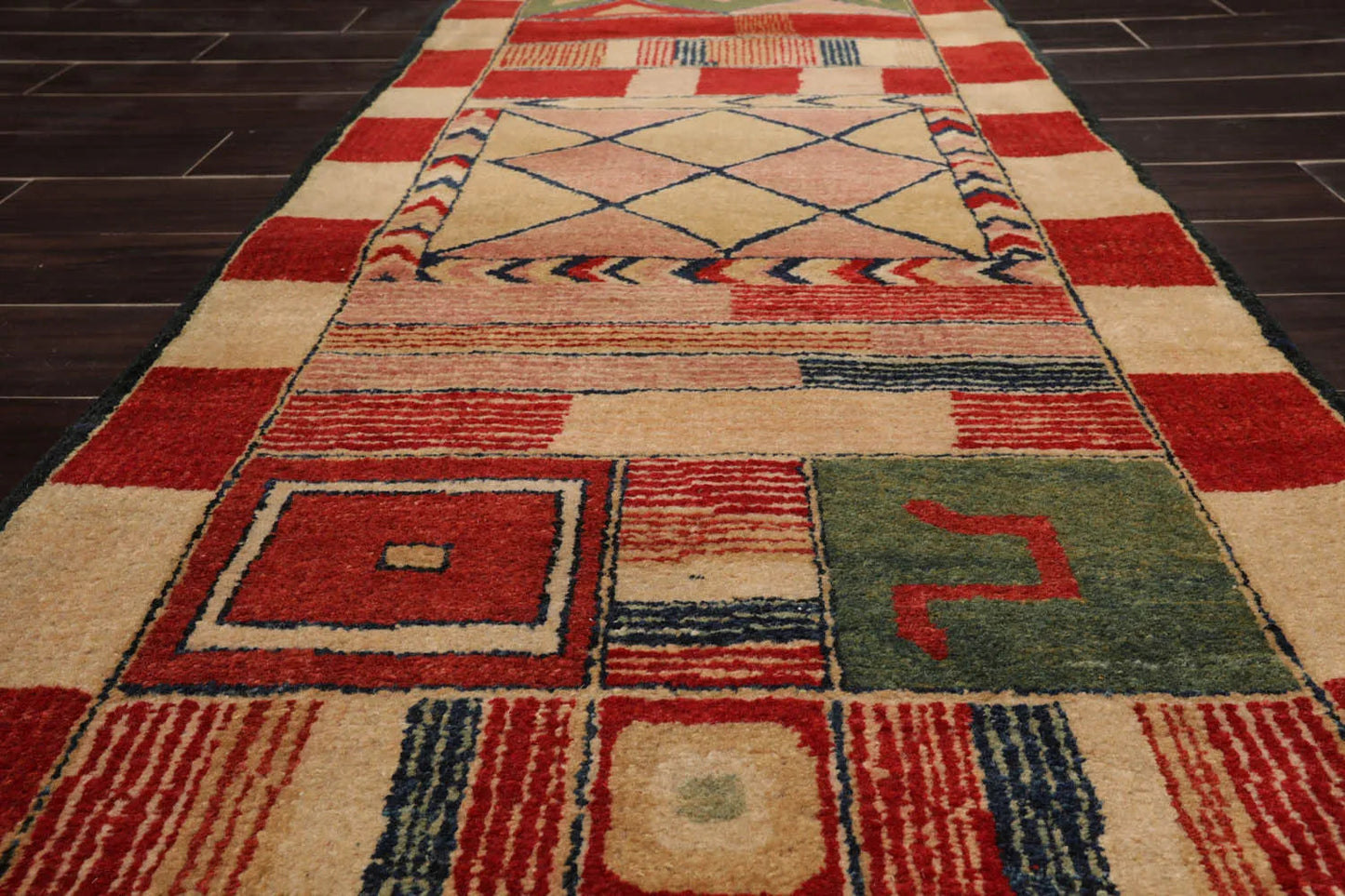 2'7''x12'3'' Runner Red, Green Hand Knotted Tibetan 100% Wool Michaelian & Kohlberg Modern & Contemporary Oriental Area Rug-3