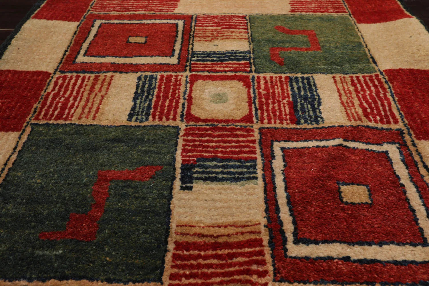 2'7''x12'3'' Runner Red, Green Hand Knotted Tibetan 100% Wool Michaelian & Kohlberg Modern & Contemporary Oriental Area Rug-4