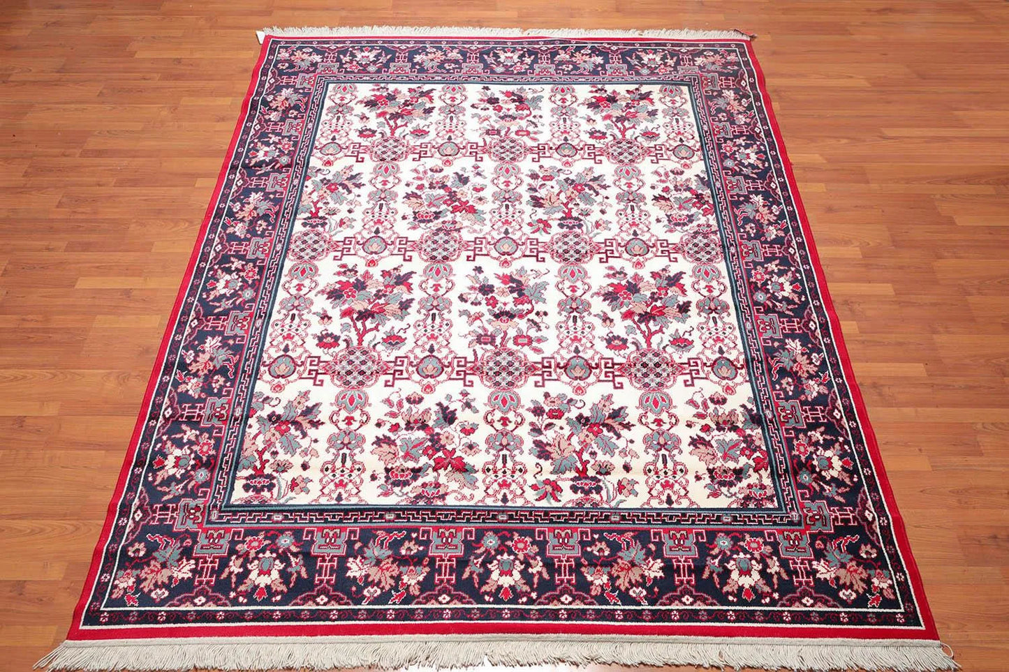 8x10 Cream, Navy Machine Made Polypropylene Traditional Oriental Area Rug-2