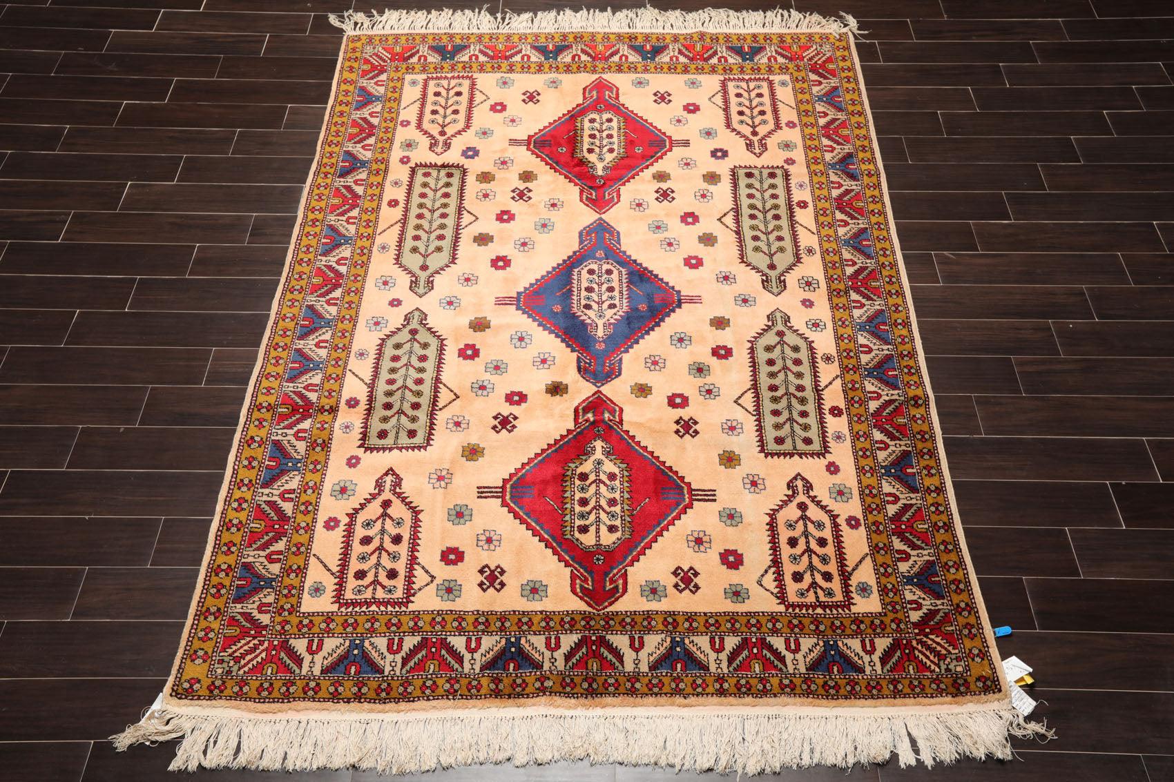 6'6" x 9'4" Hand Knotted Handmade Wool Arts & Craft Kazak Area Rug Light Peach-1