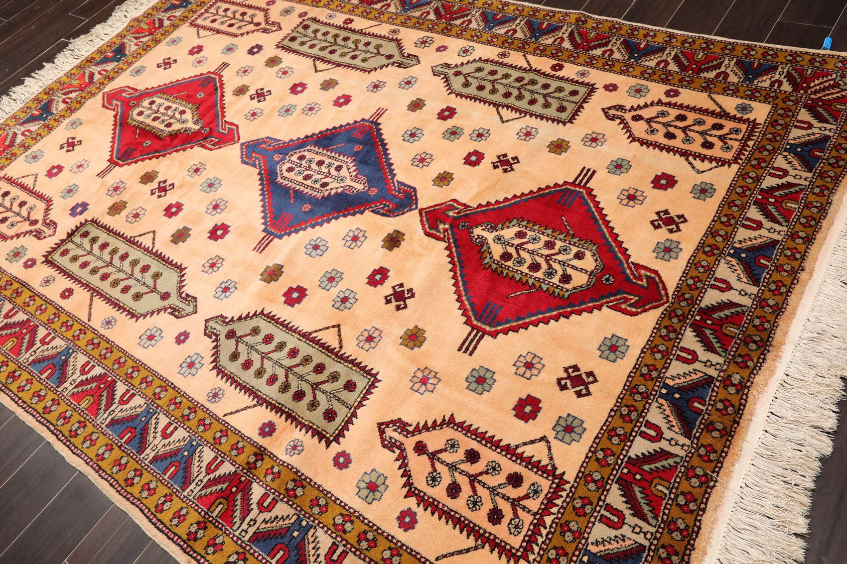 6'6" x 9'4" Hand Knotted Handmade Wool Arts & Craft Kazak Area Rug Light Peach-2