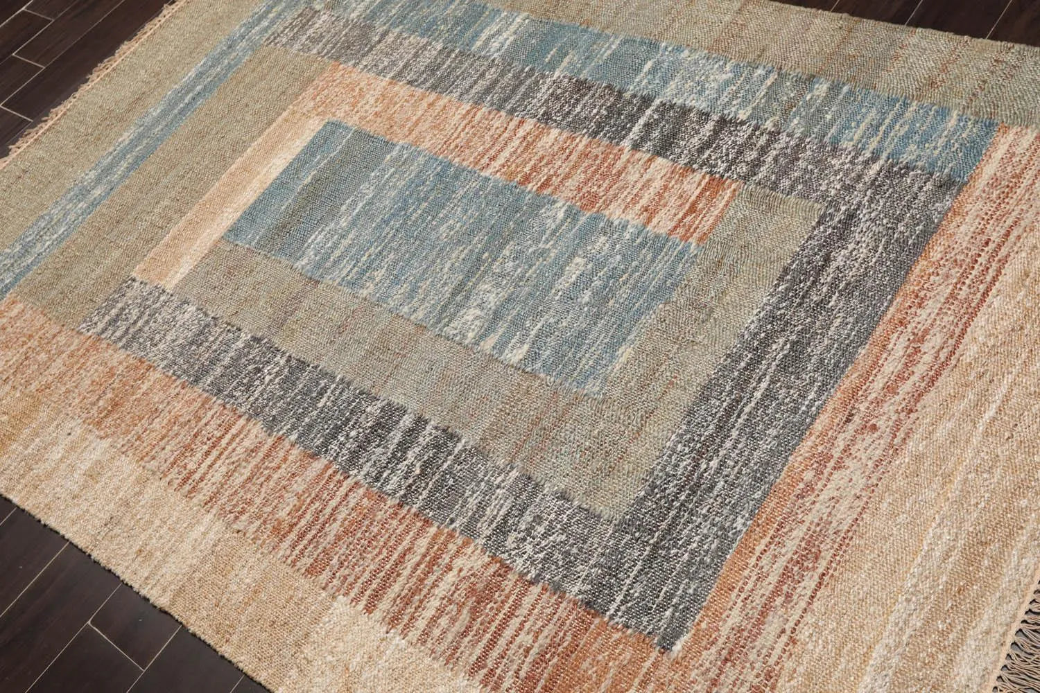 5’3” x 7’6” Hand Woven Natural Fiber Jute Modern Flatweave Kilim Area Rug Blue-2