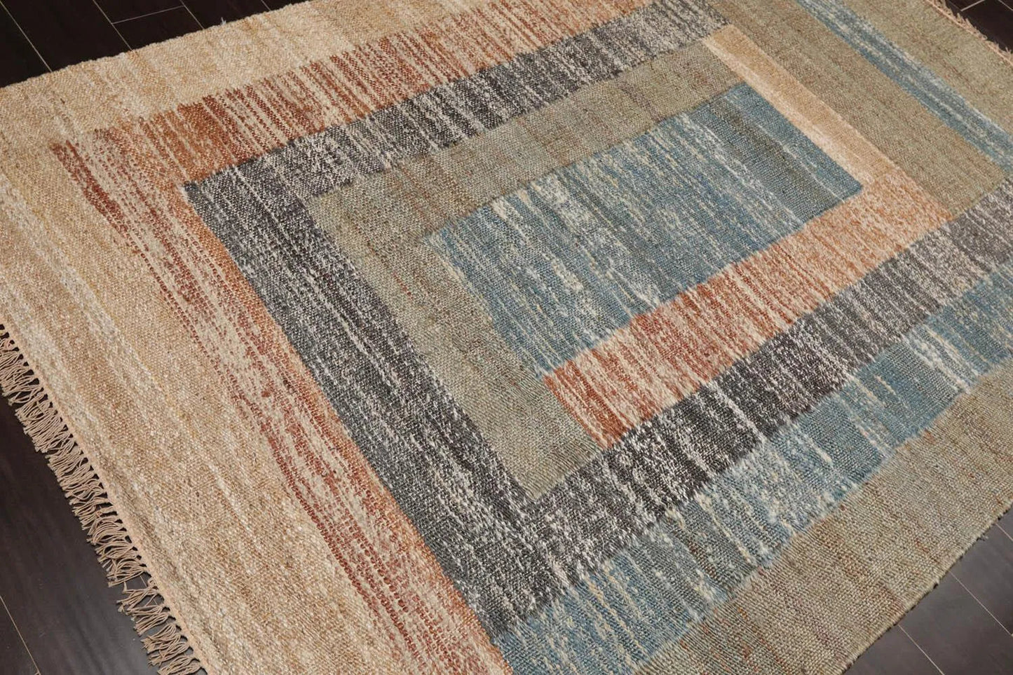 5’3” x 7’6” Hand Woven Natural Fiber Jute Modern Flatweave Kilim Area Rug Blue-3