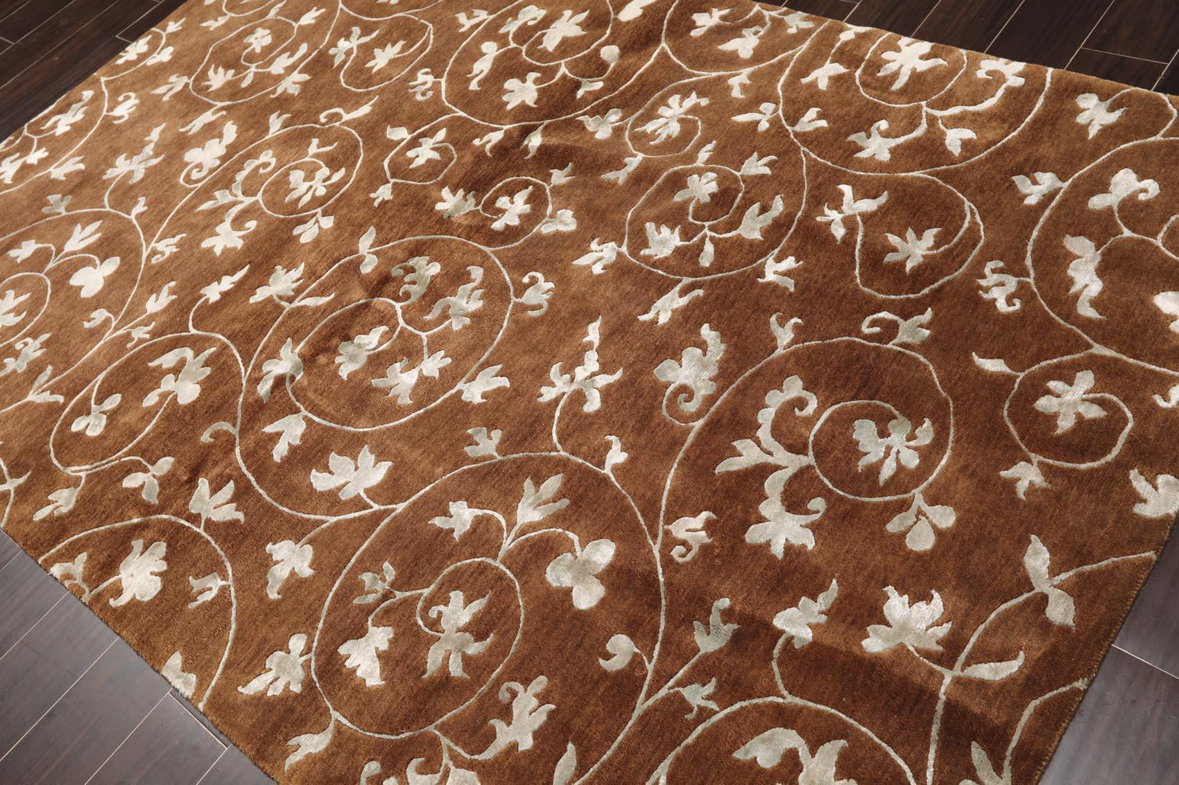 5'8" x 8'5" Hand Knotted Tibetan Wool & Art Silk Floral Oriental Area Rug Brown-1