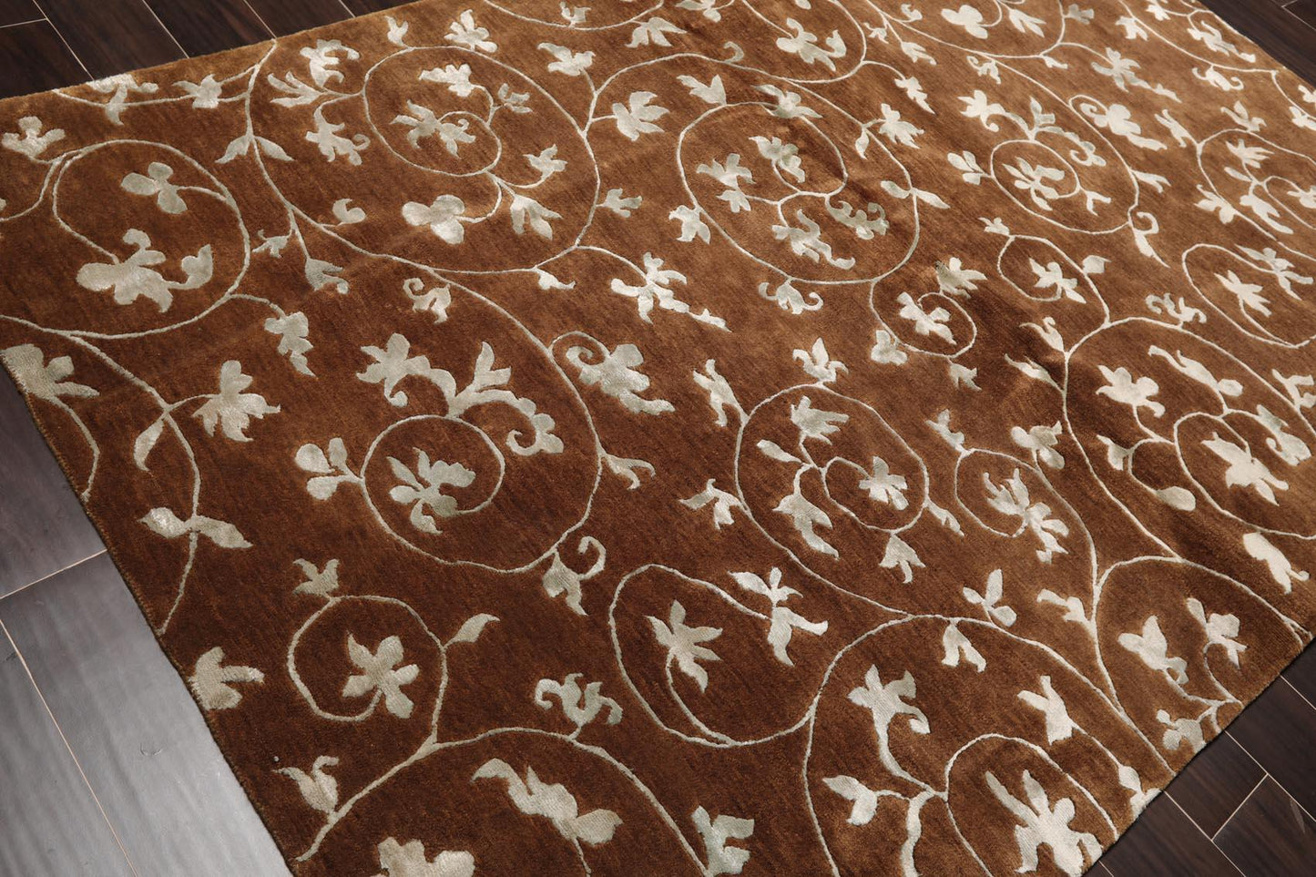 5'8" x 8'5" Hand Knotted Tibetan Wool & Art Silk Floral Oriental Area Rug Brown-2