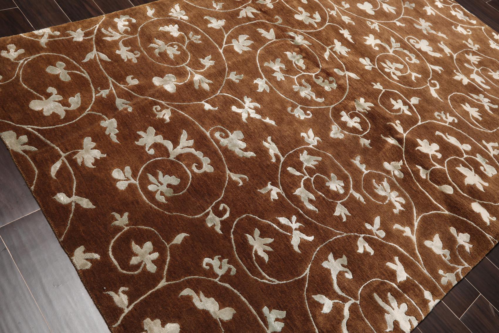 5'8" x 8'5" Hand Knotted Tibetan Wool & Art Silk Floral Oriental Area Rug Brown-2