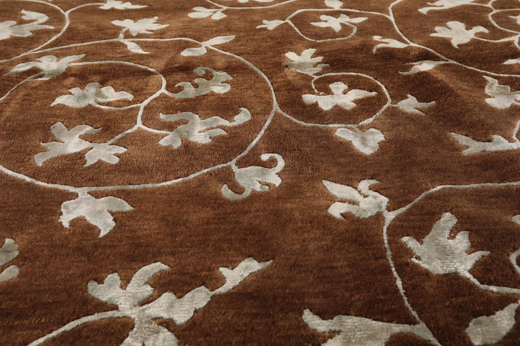 5'8" x 8'5" Hand Knotted Tibetan Wool & Art Silk Floral Oriental Area Rug Brown-3