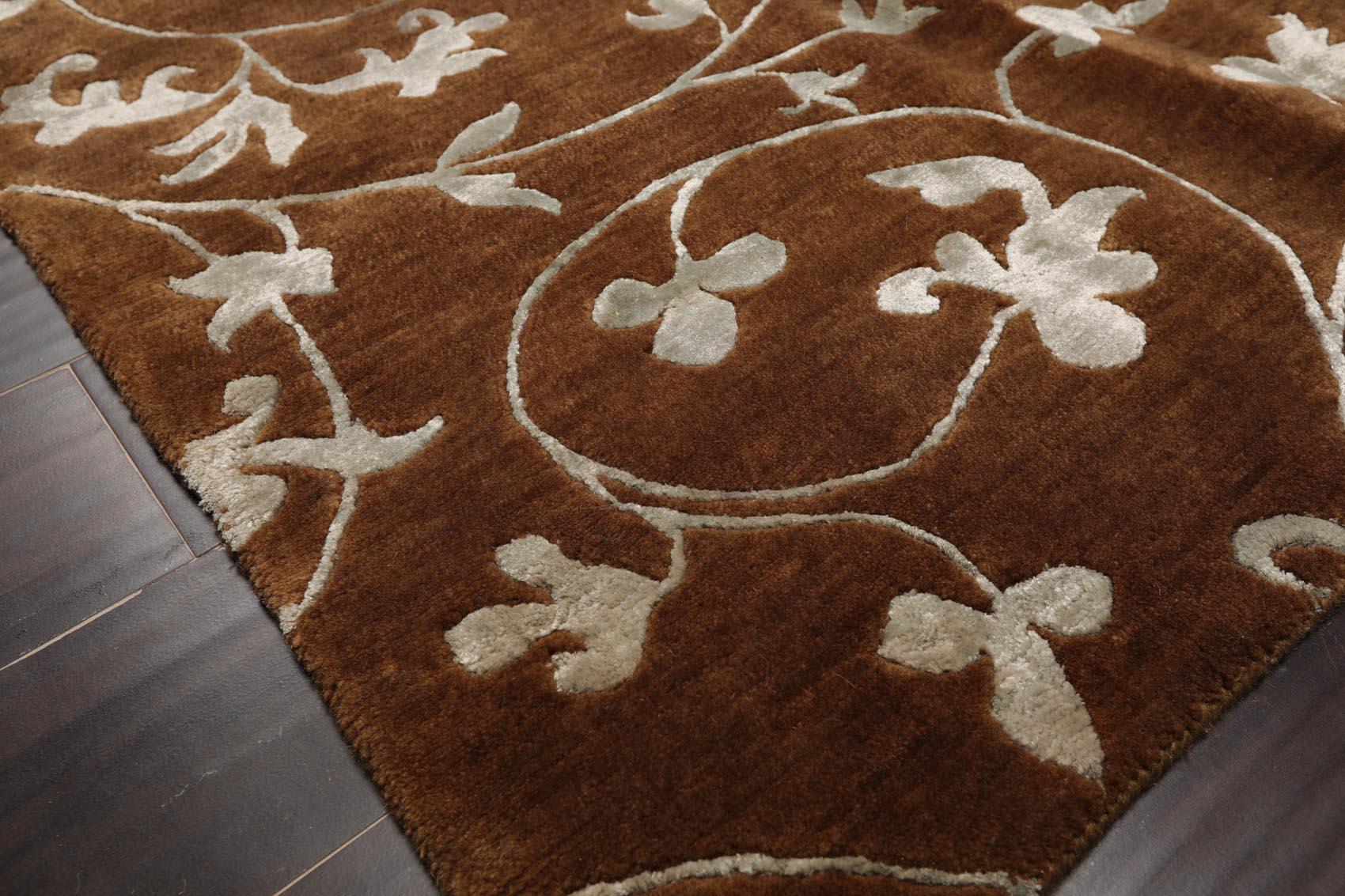5'8" x 8'5" Hand Knotted Tibetan Wool & Art Silk Floral Oriental Area Rug Brown-4