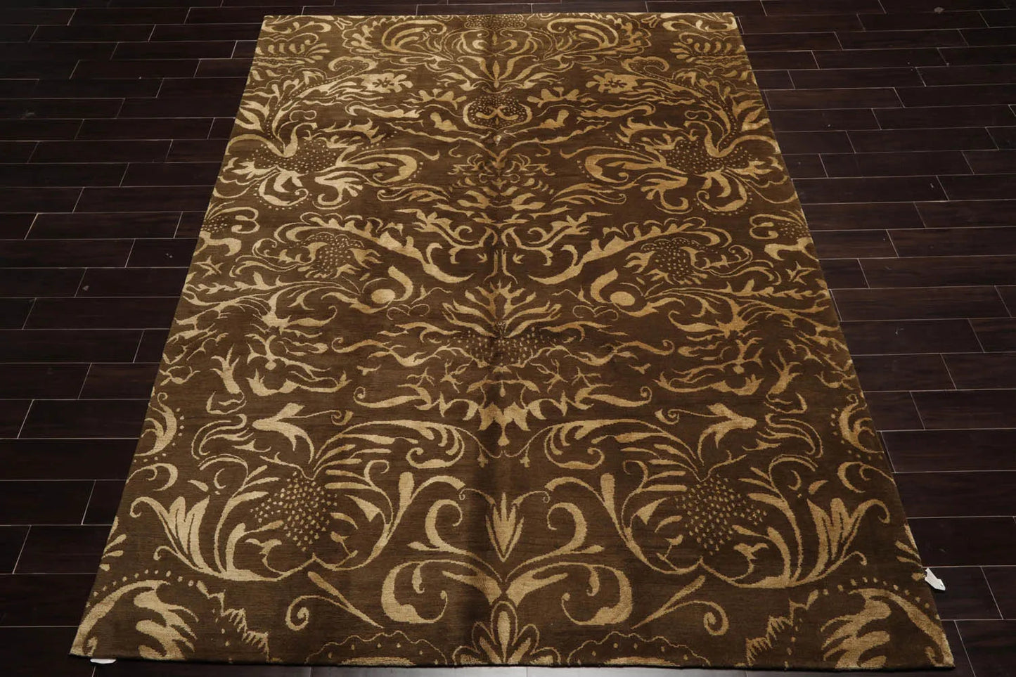 8x10 Olive, Gold Hand Knotted Tibetan Wool and Silk Transitional Oriental Area Rug-2