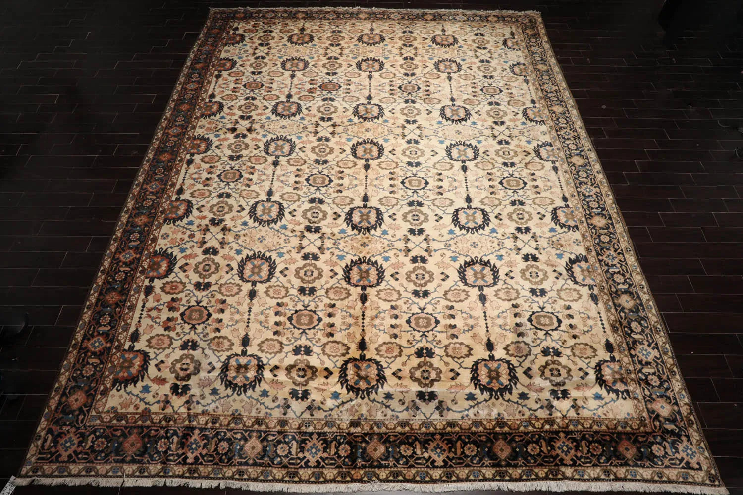 13'3"x16'9" Palace Ivory, Midnight Blue Hand Knotted 100% Wool Mahal Traditional Oriental Area Rug-2