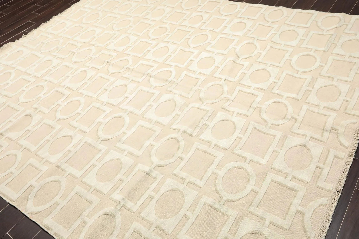 7'11'' x 9'11'' Hand Knotted Tibetan Cotton & Silk Designer Geometric Area Rug Beige-1