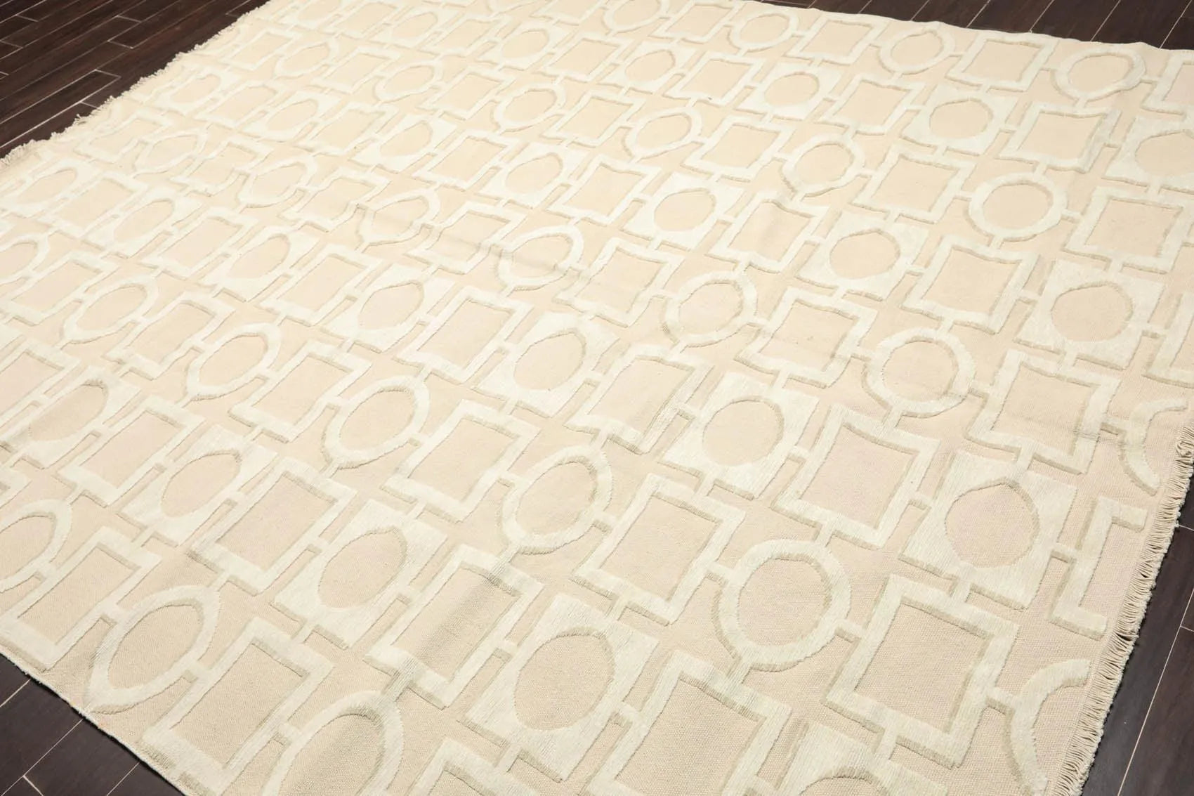 7'11'' x 9'11'' Hand Knotted Tibetan Cotton & Silk Designer Geometric Area Rug Beige-1