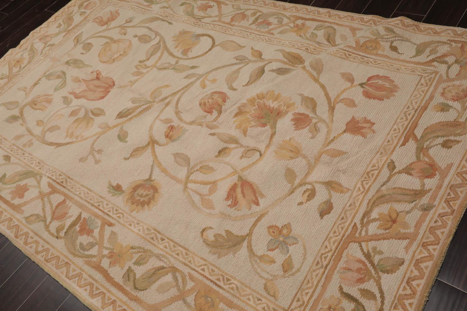 6’x9’4"Hand Knotted 100% Wool French Aubusson Savonnerie Area Rug Beige-2