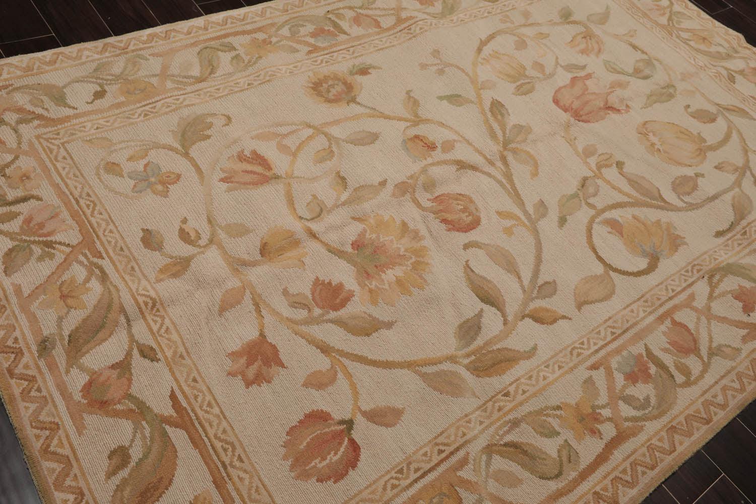 6’x9’4"Hand Knotted 100% Wool French Aubusson Savonnerie Area Rug Beige-3