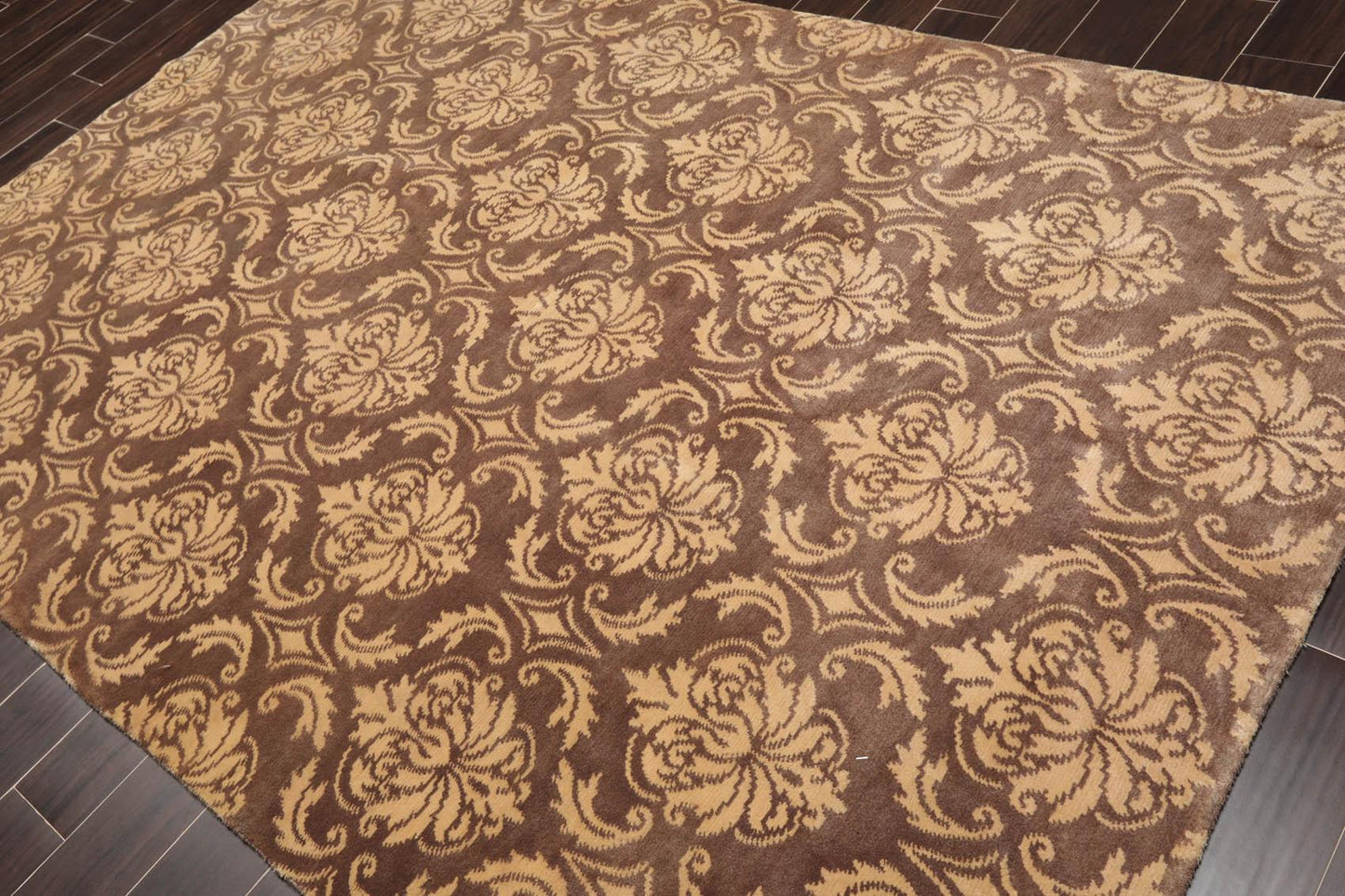 6'1" x 9'3" Hand Knotted Tibetan Wool Damask Designer Area Rug Brown Caramel-2