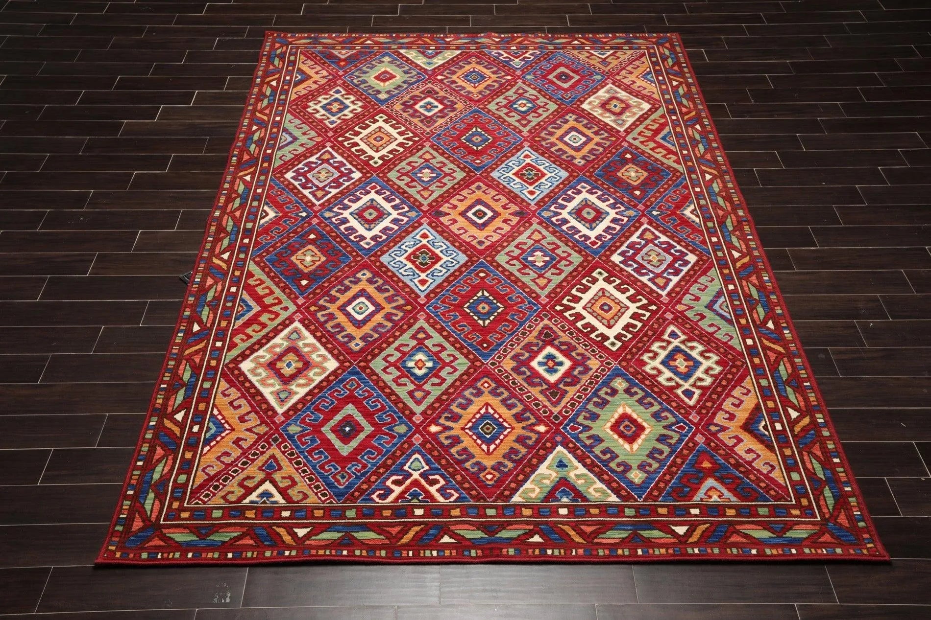8 x 11 Geometric Panel Style Wool Area Rug Red Made in USA-1