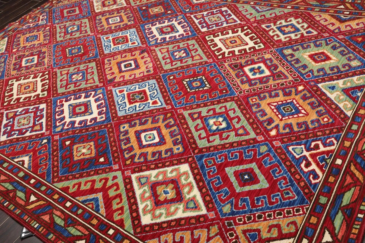 8 x 11 Geometric Panel Style Wool Area Rug Red Made in USA-2