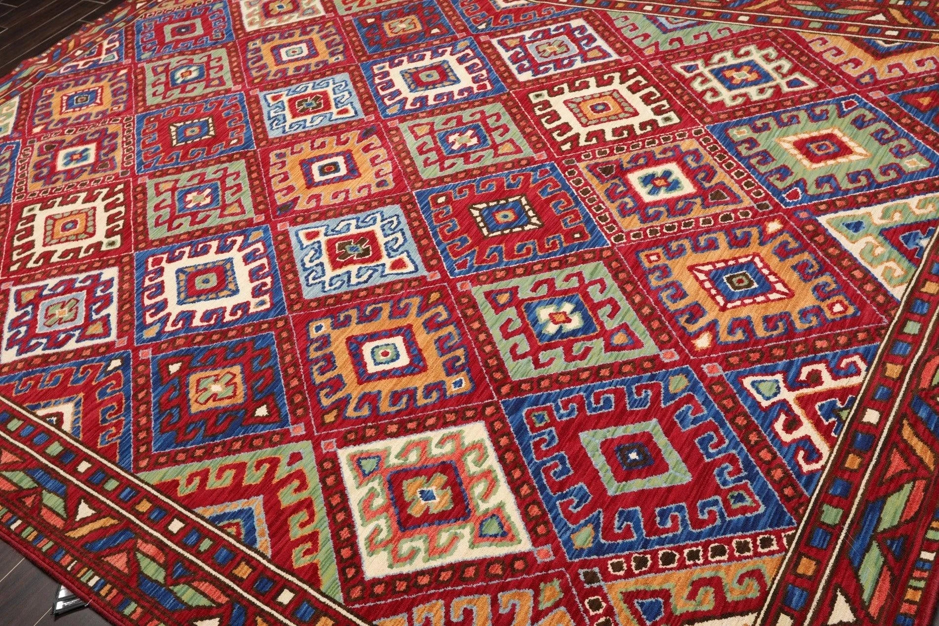 8 x 11 Geometric Panel Style Wool Area Rug Red Made in USA-2