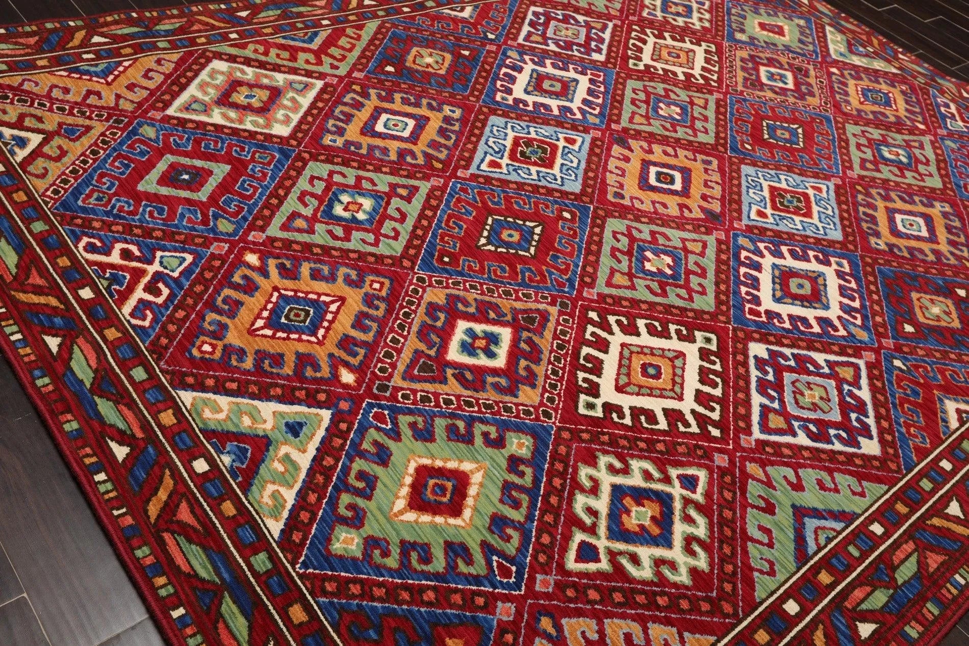 8 x 11 Geometric Panel Style Wool Area Rug Red Made in USA-3