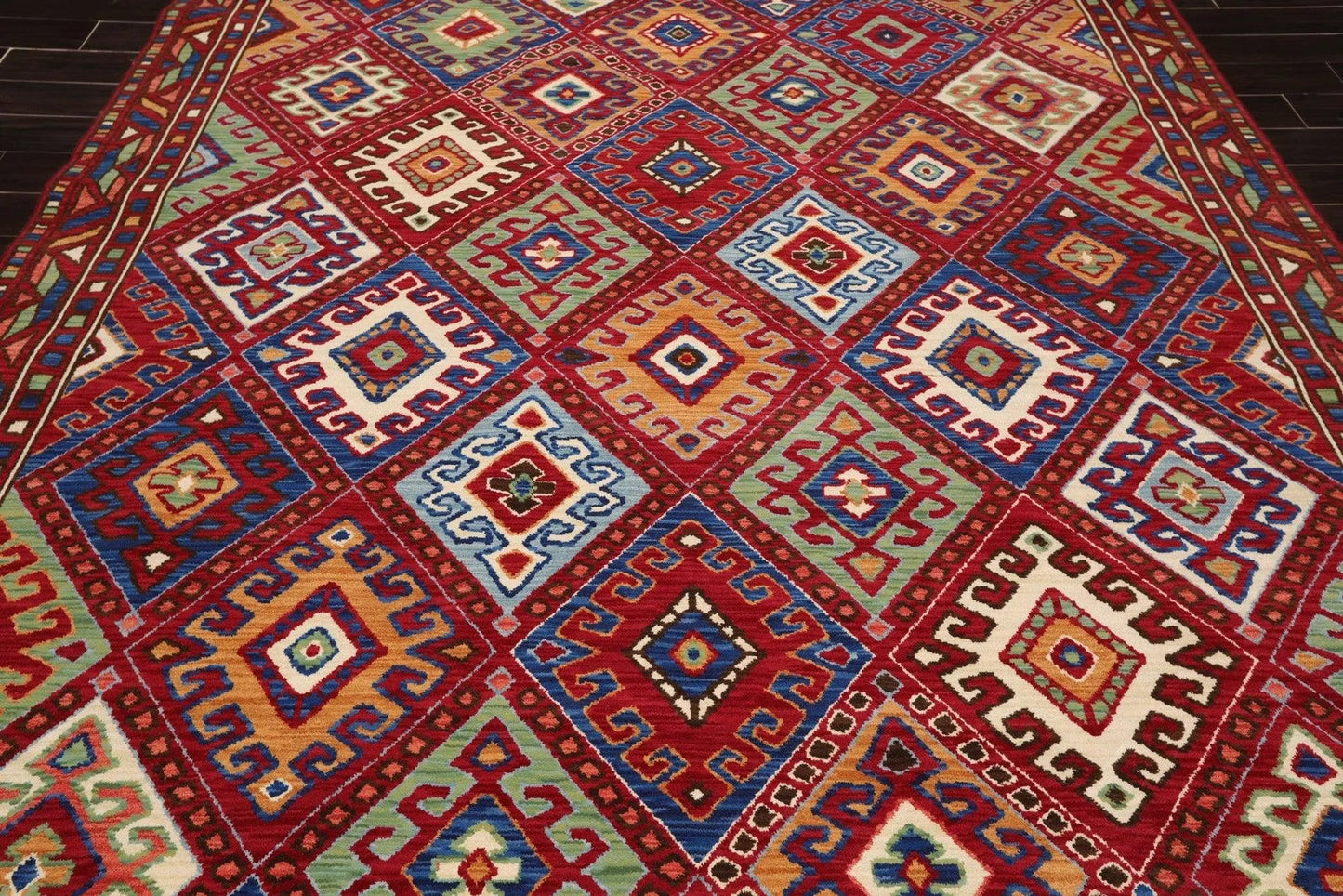 8 x 11 Geometric Panel Style Wool Area Rug Red Made in USA-4