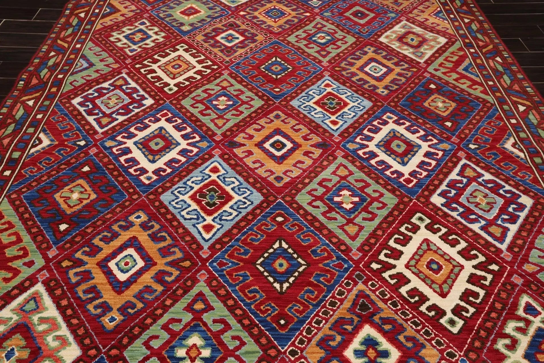 8 x 11 Geometric Panel Style Wool Area Rug Red Made in USA-4