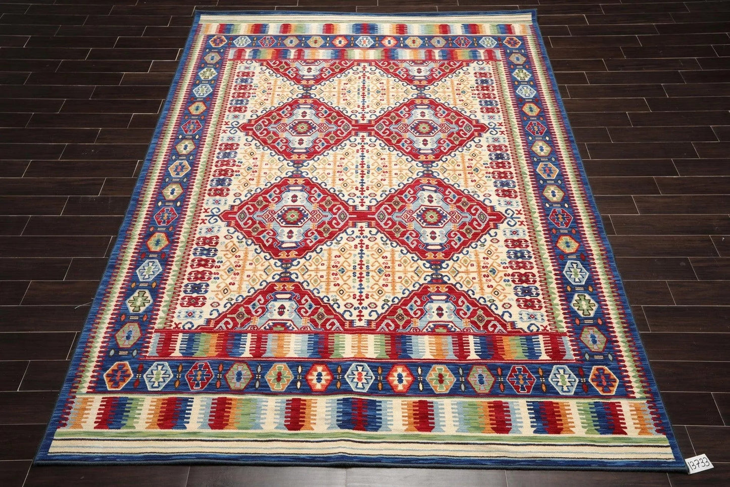 8 x 11 Geometric Panel Style Wool Area Rug Ivory Made in USA-1