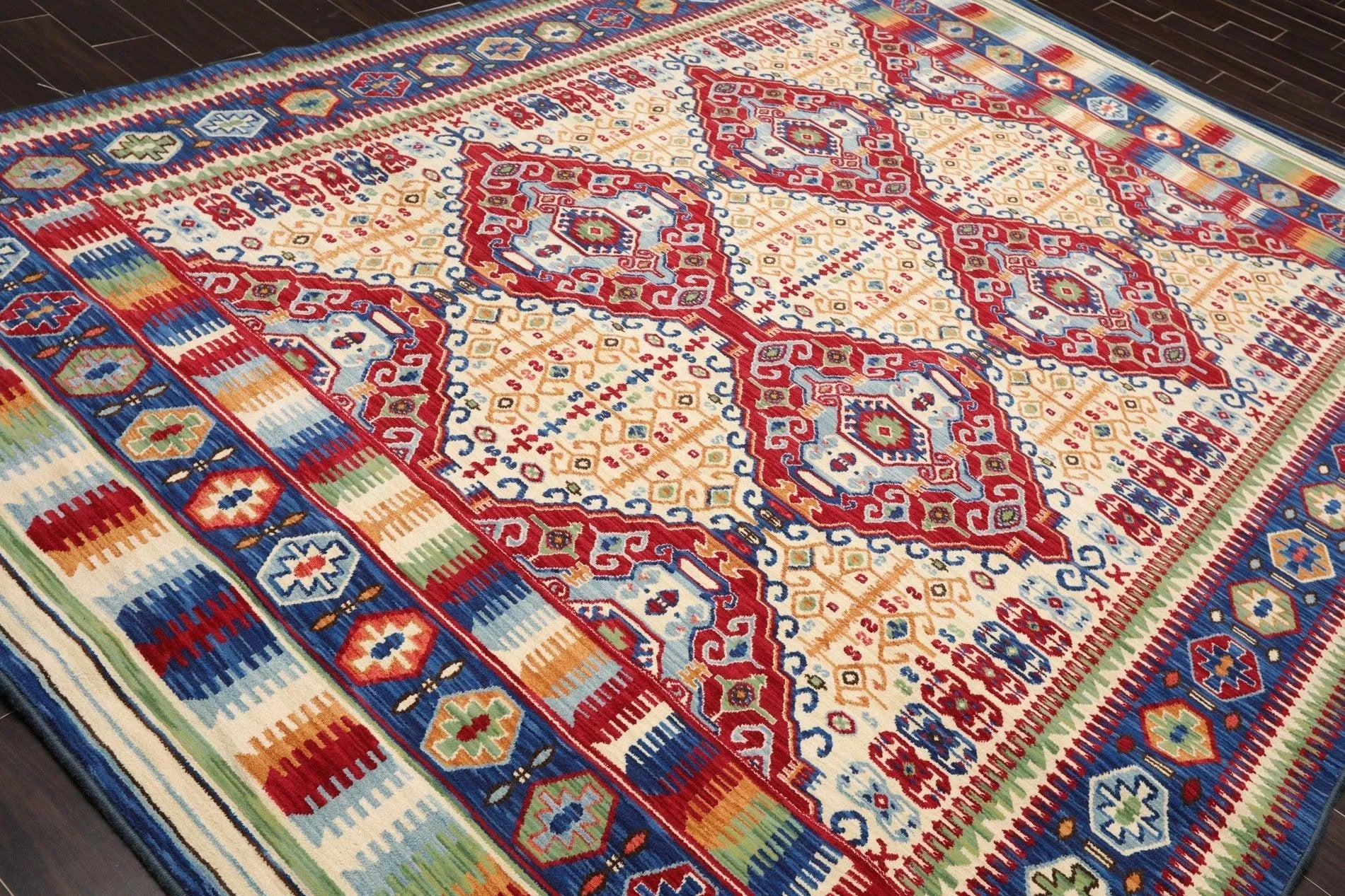 8 x 11 Geometric Panel Style Wool Area Rug Ivory Made in USA-2