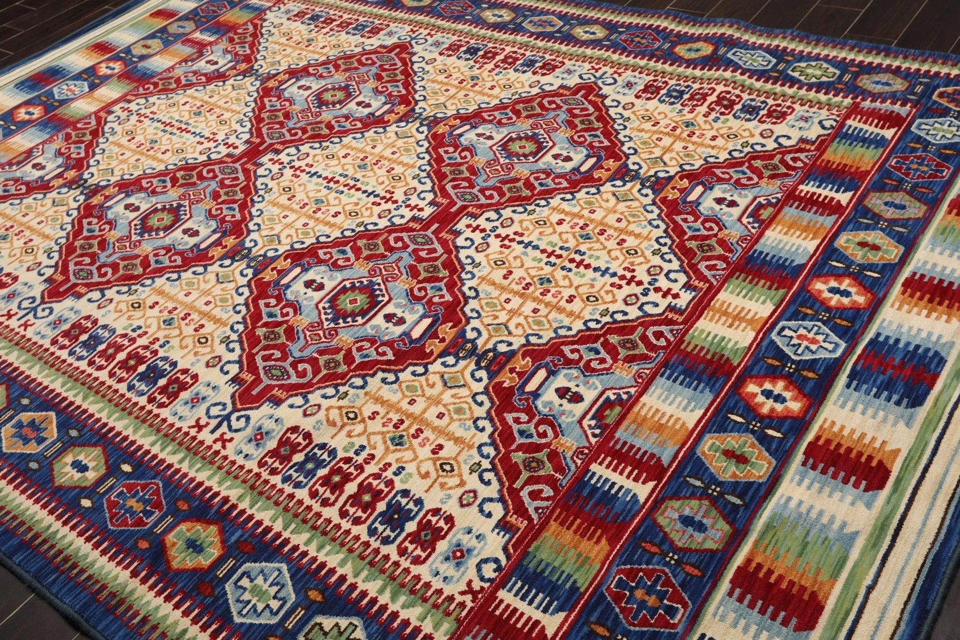 8 x 11 Geometric Panel Style Wool Area Rug Ivory Made in USA-3