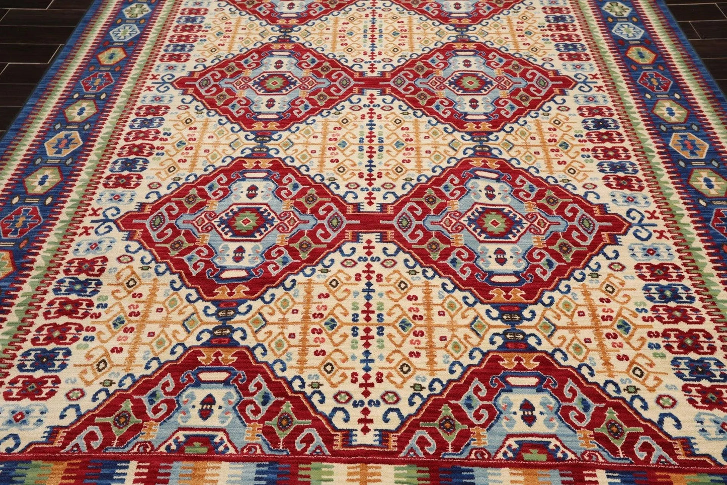 8 x 11 Geometric Panel Style Wool Area Rug Ivory Made in USA-4