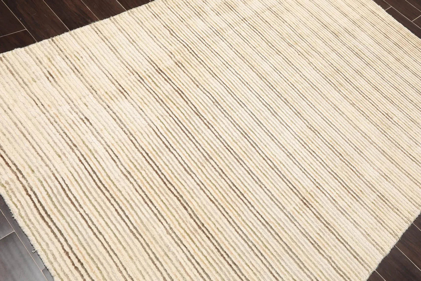 5' x 7'4'' Handmade 100% Wool Designer Stripes Modern Oriental Area Rug Beige-3