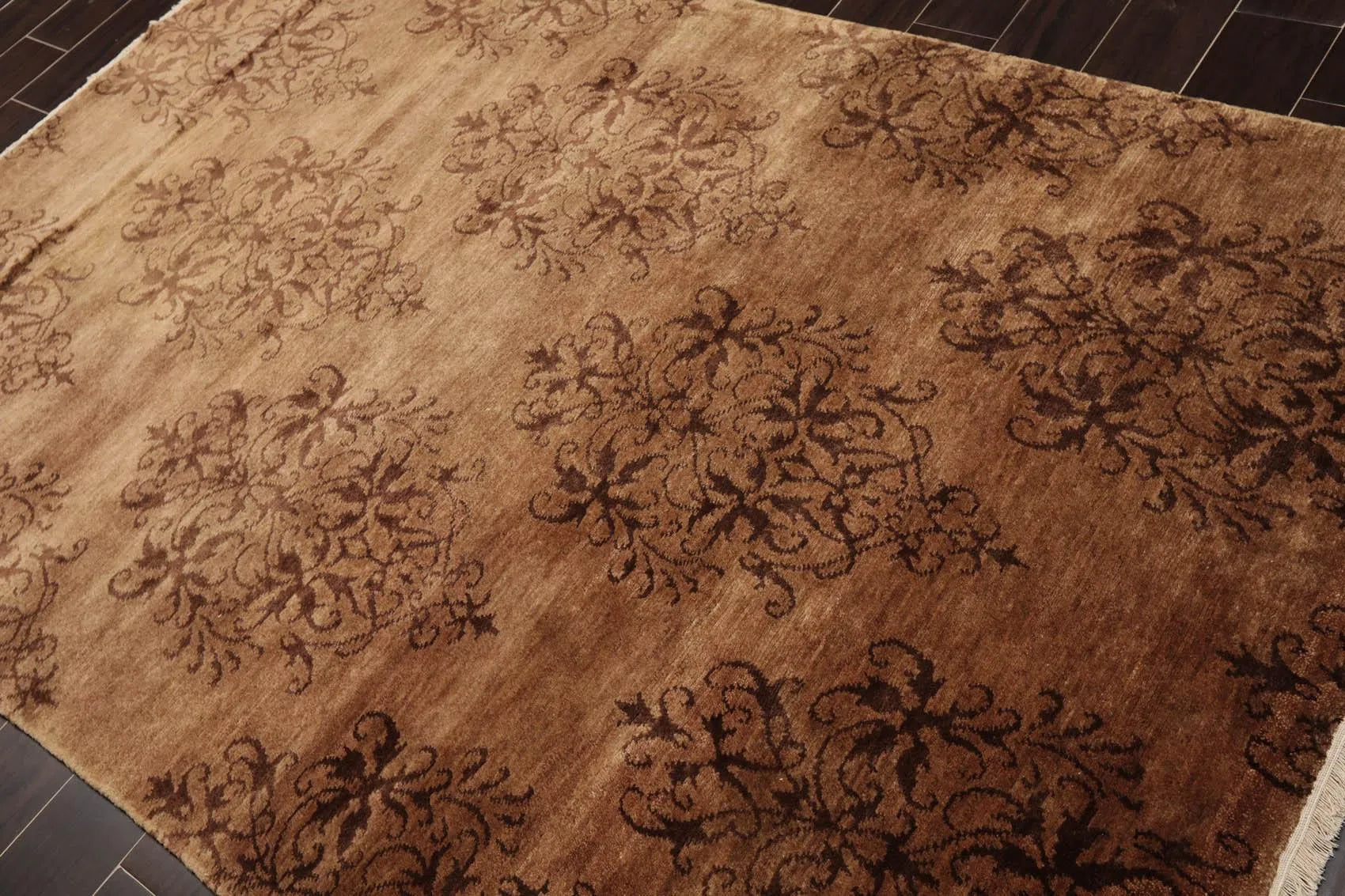 5'1'' x 7'10'' Hand Knotted Tibetan Wool Damask Designer Area Rug Brown, Tan-2