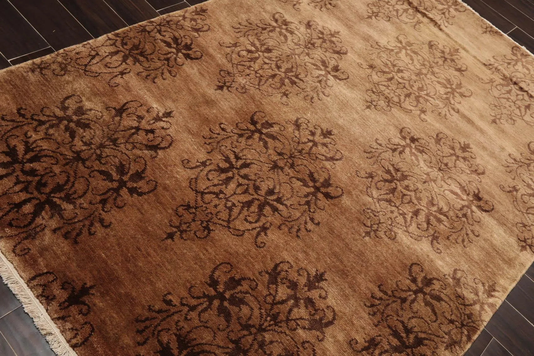 5'1'' x 7'10'' Hand Knotted Tibetan Wool Damask Designer Area Rug Brown, Tan-3