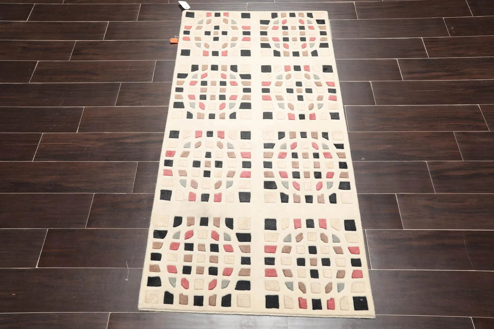 2'7' x 5' Hand Knotted Tibetan 100% Wool Graphic Modern Oriental Area Rug Cream-1