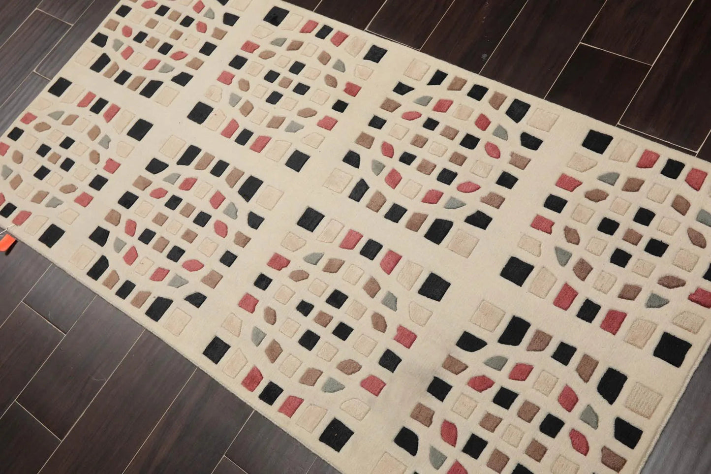 2'7' x 5' Hand Knotted Tibetan 100% Wool Graphic Modern Oriental Area Rug Cream-2