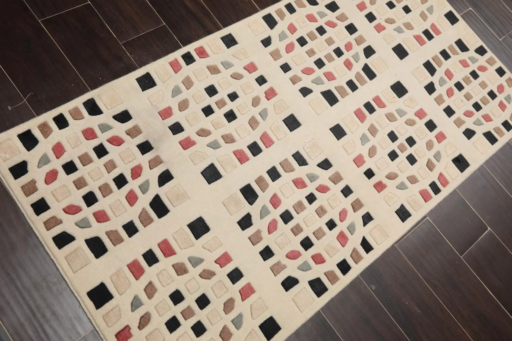 2'7' x 5' Hand Knotted Tibetan 100% Wool Graphic Modern Oriental Area Rug Cream-3