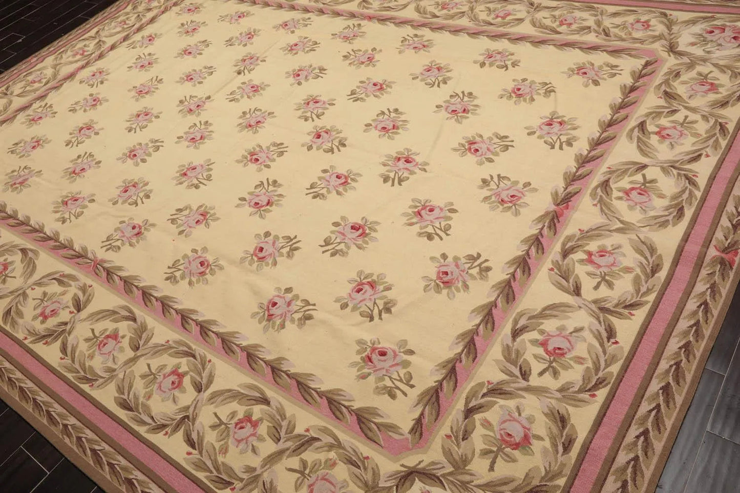 French Aubusson Hand Woven Wool Flatweave Area Rug Ivory 9’ x 12’-1
