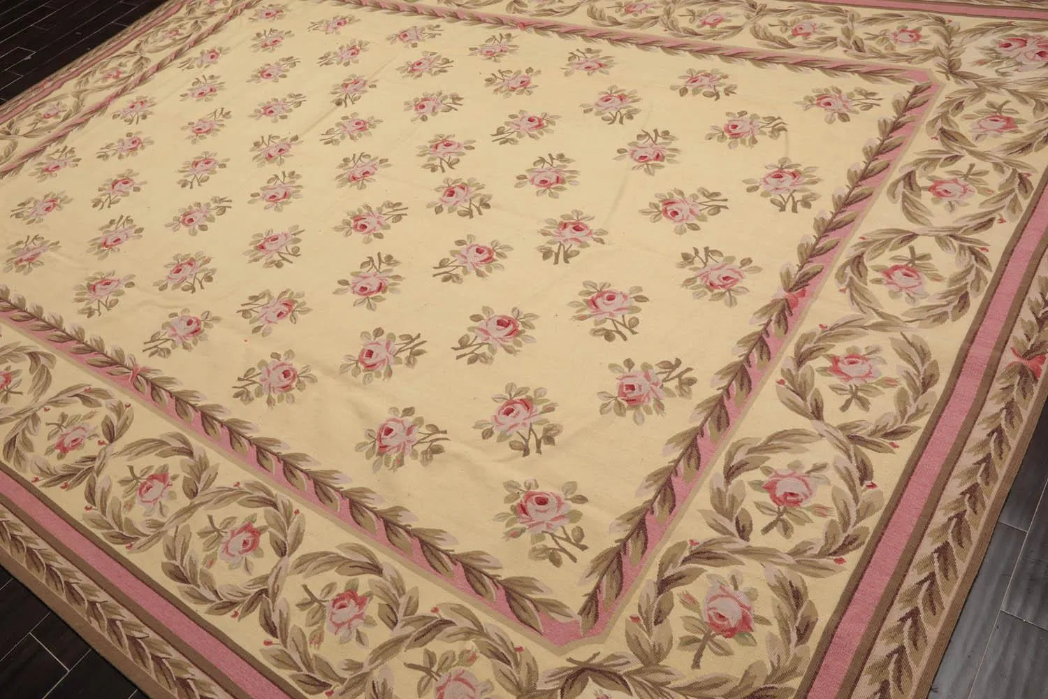 French Aubusson Hand Woven Wool Flatweave Area Rug Ivory 9’ x 12’-1
