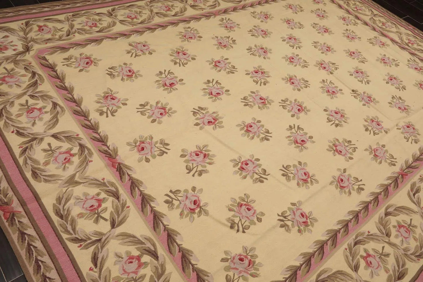 French Aubusson Hand Woven Wool Flatweave Area Rug Ivory 9’ x 12’-2