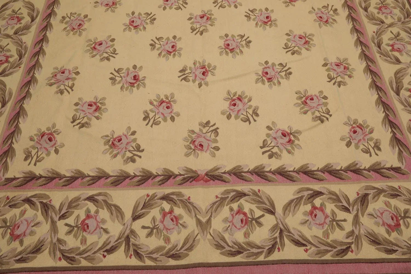 French Aubusson Hand Woven Wool Flatweave Area Rug Ivory 9’ x 12’-3