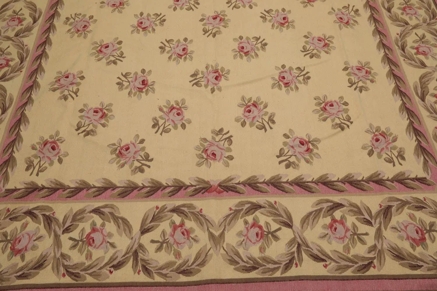 French Aubusson Hand Woven Wool Flatweave Area Rug Ivory 9’ x 12’-3