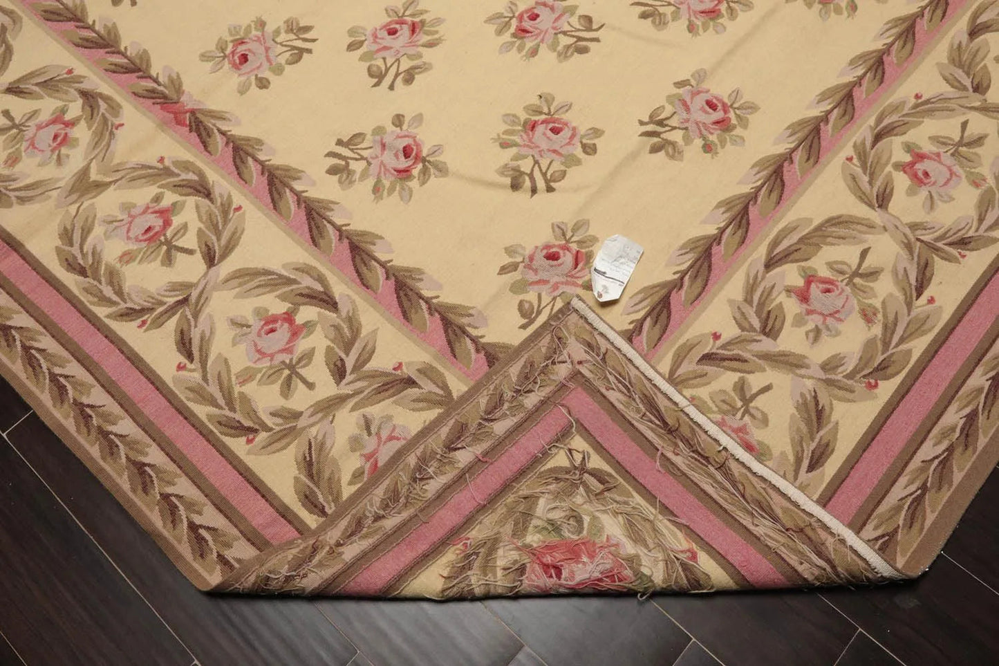 French Aubusson Hand Woven Wool Flatweave Area Rug Ivory 9’ x 12’-4