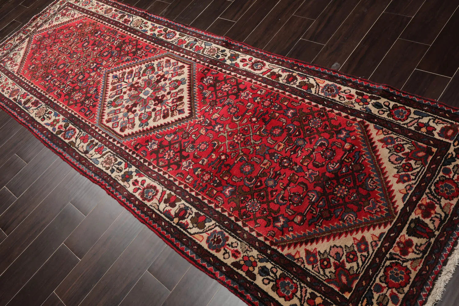 3'6" x 10'4" Runner Herizz Hand Knotted Red Medallion Traditional Wool Oriental Area Rug-3