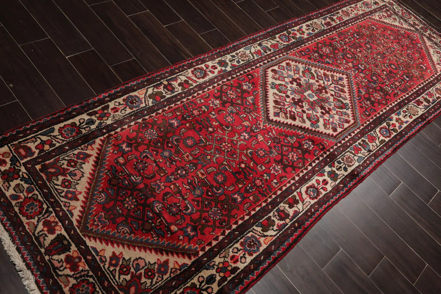 3'6" x 10'4" Runner Herizz Hand Knotted Red Medallion Traditional Wool Oriental Area Rug-4